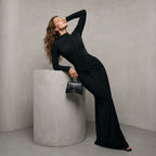 Sisterlinda Folds Maxi Dress Women O-Neck Full Sleeve Solid Banquet Elegant Vacation Fashion Autumn Skinny Casual Simple Vestido