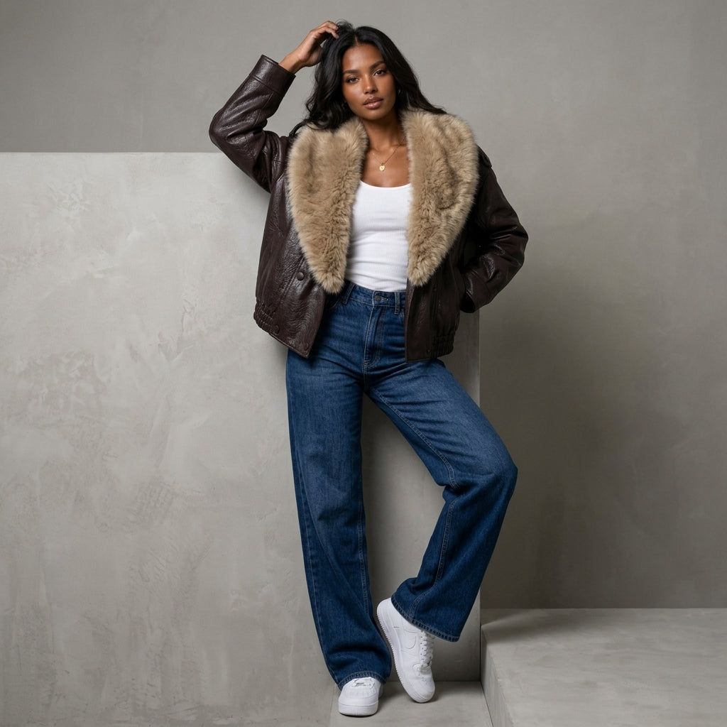 TFMLN 2025 Winter Women Loose Faux Leather Jacket Fashion Removed Big Fur Collar Causal Coat High Street Double Breasted Outwear