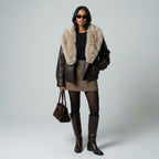 TFMLN 2025 Winter Women Loose Faux Leather Jacket Fashion Removed Big Fur Collar Causal Coat High Street Double Breasted Outwear