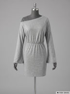 Women Boat Neck Batwing Long Sleeve Mini Dress Elastic Waist Casual Bodycon Short Party Dresses