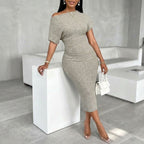 Women's Fashion Solid Color Asymmetric Shoulder Textured Fabric Dress