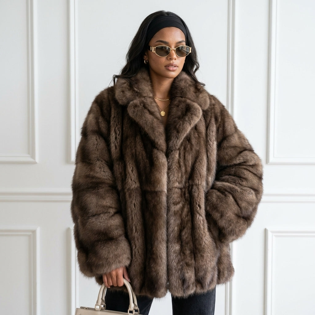 Fashion Solid Fake Fur Coat Women Lapel Waist Cinching Long Sleeve Hidden Button Coats Lady 2025 New Winter High Street Outwear