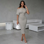 Women's Fashion Solid Color Asymmetric Shoulder Textured Fabric Dress