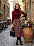 Women's Retro Plaid 2-Piece Set – Ribbed Knit Top & Midi Skirt