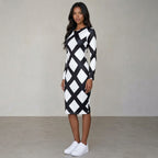 Women Black White Diamond Plaid Long Sleeve Bodycon Midi Dress Round Neck Slim Fit Evening Club Party Sheath Pencil Dress