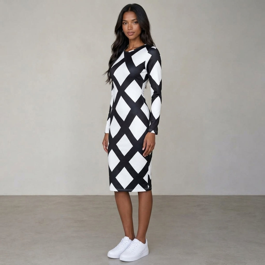 Women Black White Diamond Plaid Long Sleeve Bodycon Midi Dress Round Neck Slim Fit Evening Club Party Sheath Pencil Dress