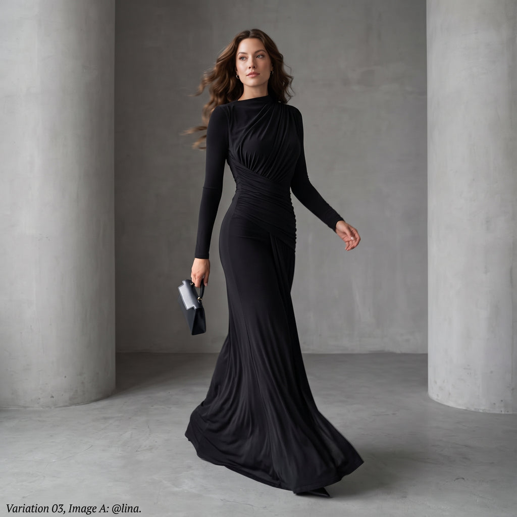 Sisterlinda Folds Maxi Dress Women O-Neck Full Sleeve Solid Banquet Elegant Vacation Fashion Autumn Skinny Casual Simple Vestido