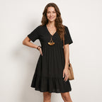 Vintage Solid Elegant Women Dress 2023 Summer Fashion Casual V-Neck High Waist A-Line Mini Dresses Lady Short Sleeve Party Dress