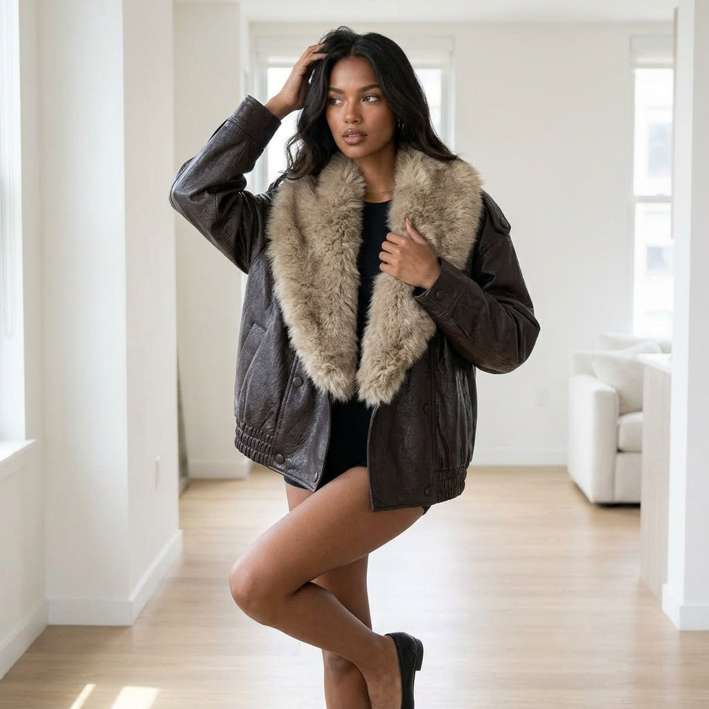 TFMLN 2025 Winter Women Loose Faux Leather Jacket Fashion Removed Big Fur Collar Causal Coat High Street Double Breasted Outwear