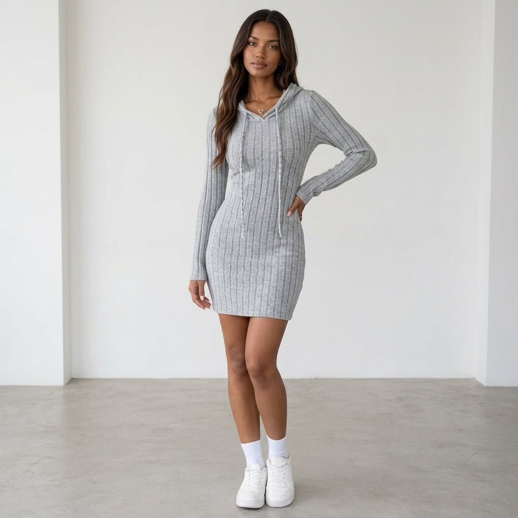 Trendy Ribbed Knitted Hooded Slim Fit Dress with Drawstring - Comfortable Casual Style for Women