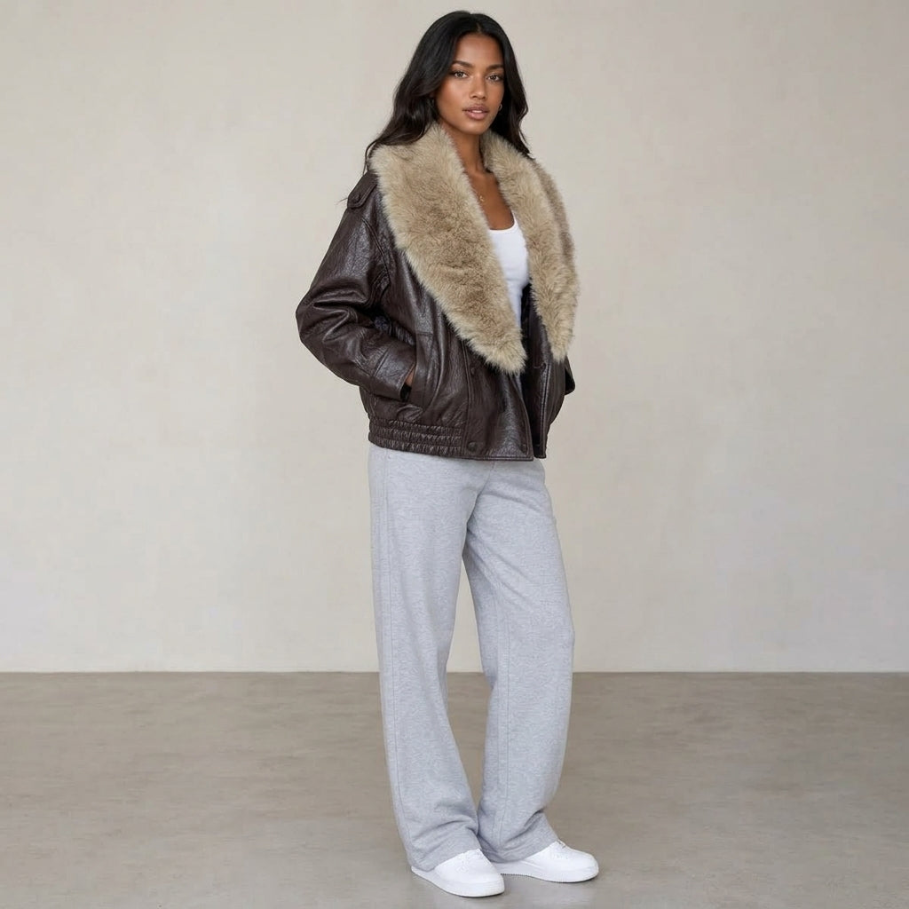 TFMLN 2025 Winter Women Loose Faux Leather Jacket Fashion Removed Big Fur Collar Causal Coat High Street Double Breasted Outwear