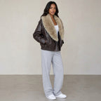 TFMLN 2025 Winter Women Loose Faux Leather Jacket Fashion Removed Big Fur Collar Causal Coat High Street Double Breasted Outwear