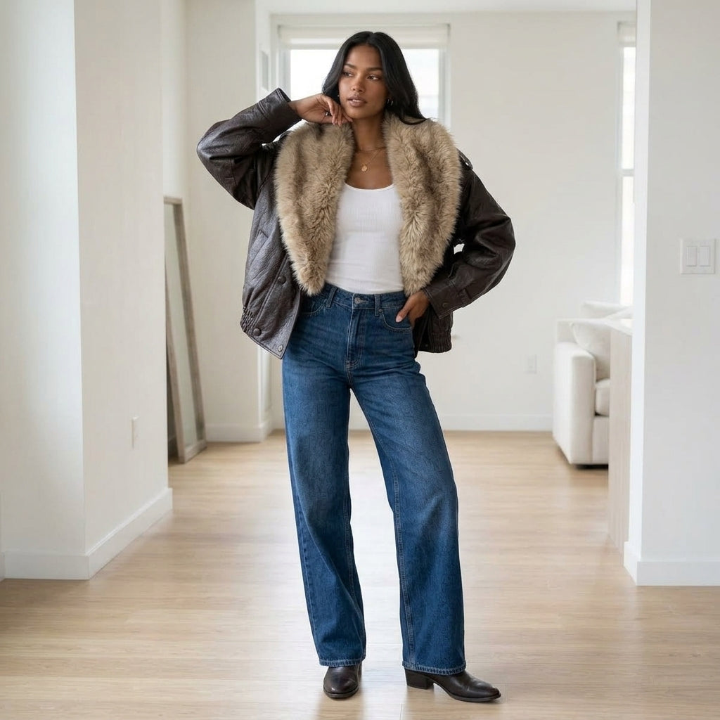 TFMLN 2025 Winter Women Loose Faux Leather Jacket Fashion Removed Big Fur Collar Causal Coat High Street Double Breasted Outwear