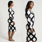 Women Black White Diamond Plaid Long Sleeve Bodycon Midi Dress Round Neck Slim Fit Evening Club Party Sheath Pencil Dress