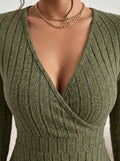 New for autumn/Winter 2024 Women Knit Slim Sexy Bodycon Dress V-Neck Long Sleeve Dress Solid Casual Midi Sweater Dress