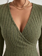 New for autumn/Winter 2024 Women Knit Slim Sexy Bodycon Dress V-Neck Long Sleeve Dress Solid Casual Midi Sweater Dress