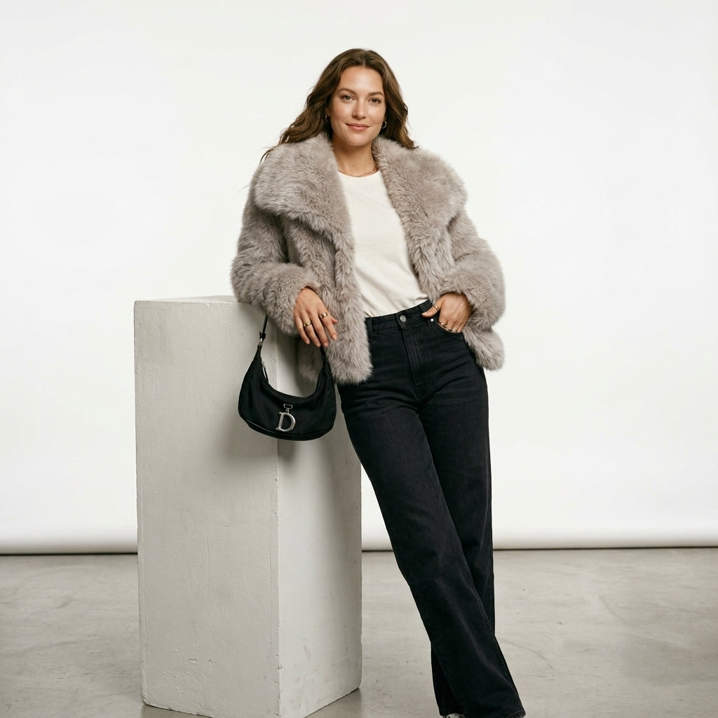 HH Women Fashion Cropped Faux Fur Jacket Coat Long Sleeve Front Snap-button Female Outerwear Chic Lapel Collar Thick Coat