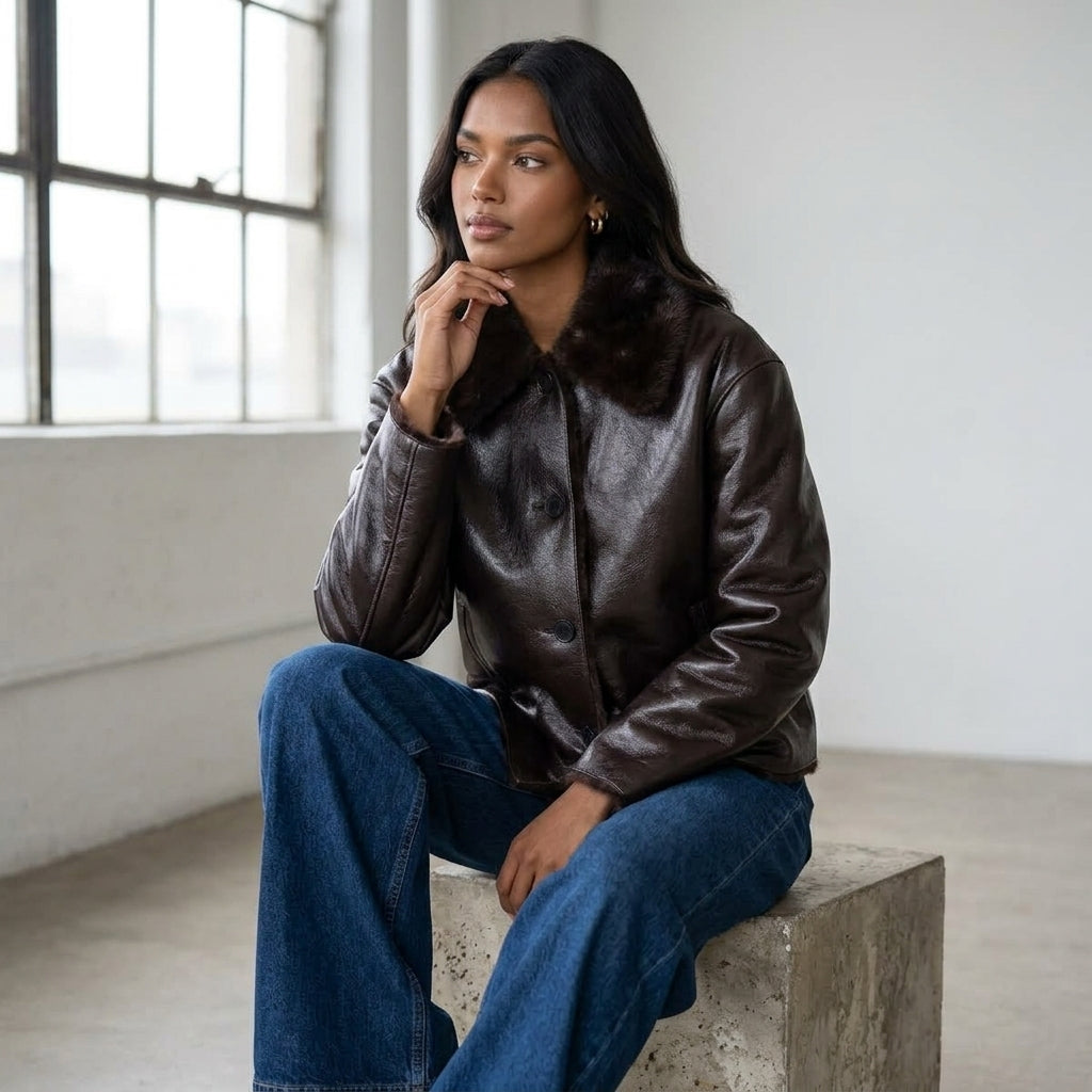Women's Jacket 2025 Autumn/Winter New Arrivals Dark Brown Long-Sleeve Faux Leather Reversible Jacket Stylish and Unique