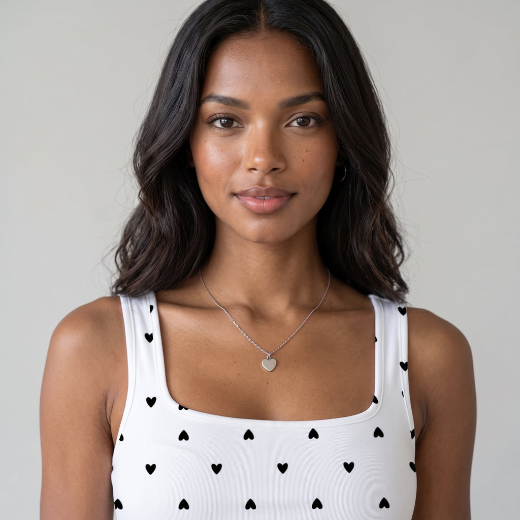 Women's Summer Casual Waist Cinched Square Collar Shoulder Strap Heart-Shaped Printed Sleeveless Dress, Mid Length Skirt