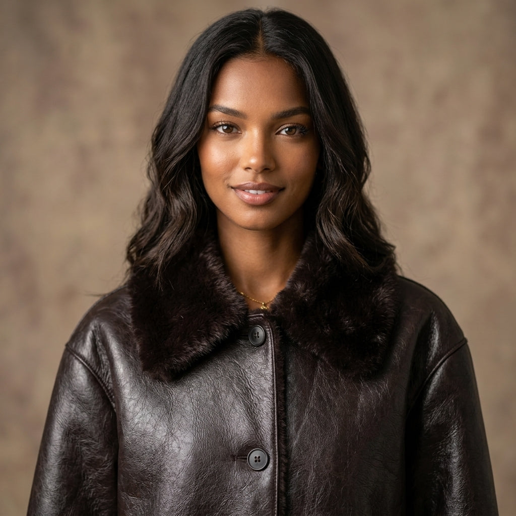 Women's Jacket 2025 Autumn/Winter New Arrivals Dark Brown Long-Sleeve Faux Leather Reversible Jacket Stylish and Unique
