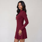 Women's Slim Fit Half High Collar Waist Cinched A-Line Skirt Long Sleeved Pit Stripe Dress