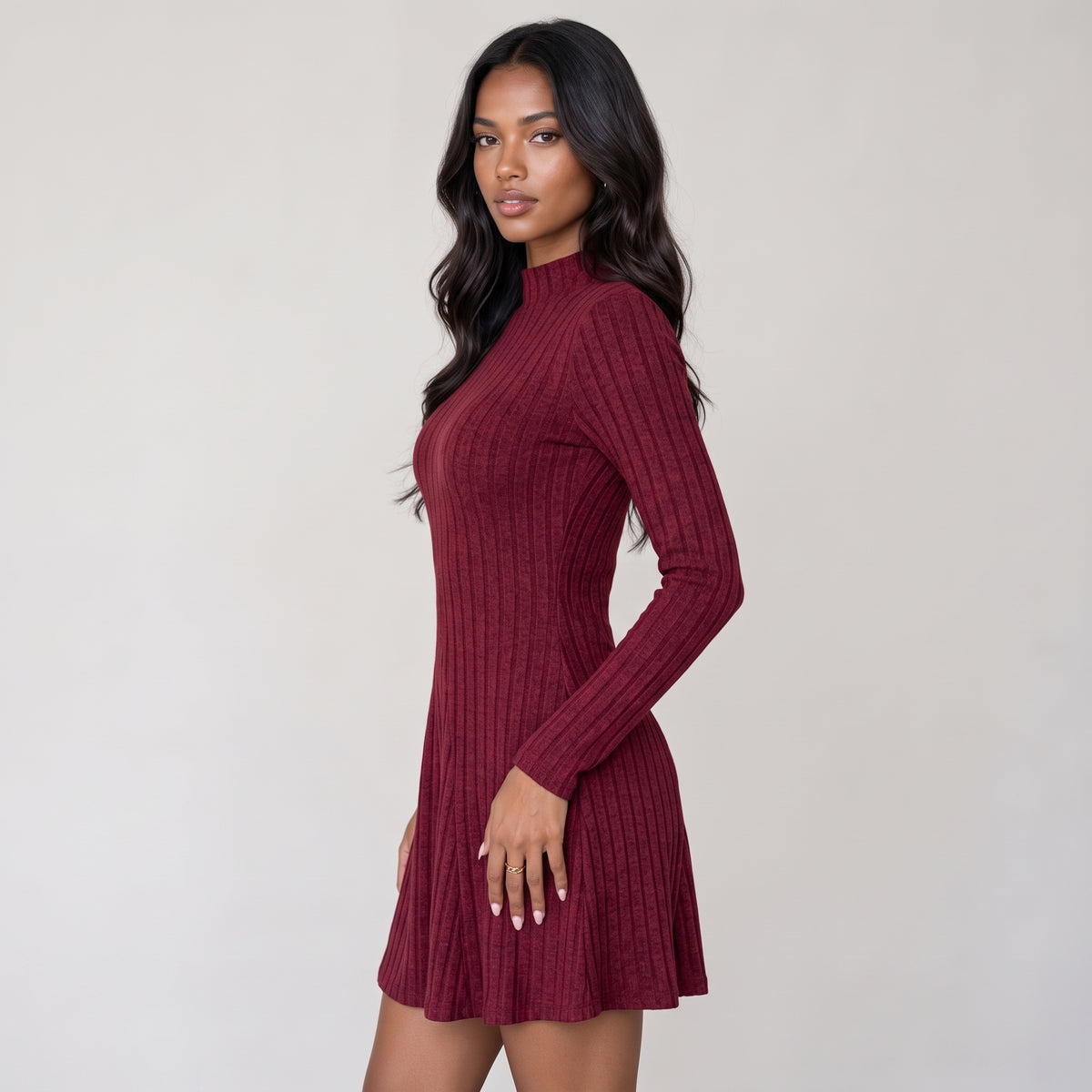 Women's Slim Fit Half High Collar Waist Cinched A-Line Skirt Long Sleeved Pit Stripe Dress