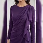 Solid Color Evening Dress, Round Neck, Long Sleeves, Fishtail Skirt, Slim Fit, Elegant Mid-Length Dress