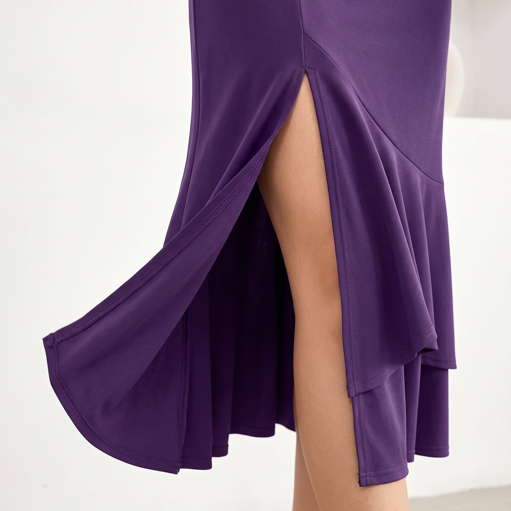 Solid Color Evening Dress, Round Neck, Long Sleeves, Fishtail Skirt, Slim Fit, Elegant Mid-Length Dress