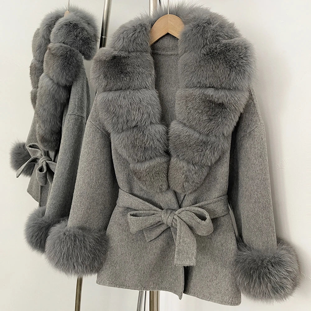 Women Short Fur Outerwear Belted Waist Woolen Double Face Coat Tie Premium Sophisticated Business Casual for Fall Cold Season