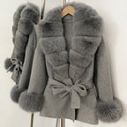 Women Short Fur Outerwear Belted Waist Woolen Double Face Coat Tie Premium Sophisticated Business Casual for Fall Cold Season