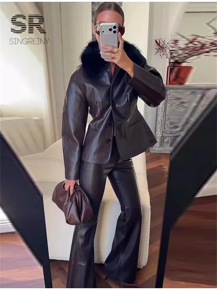 SINGREINY Women's Slim Faux Leather Jackets Fur Collar Single Breasted Full Sleeves Coats Autumn Lady Street Fashion Outerwear