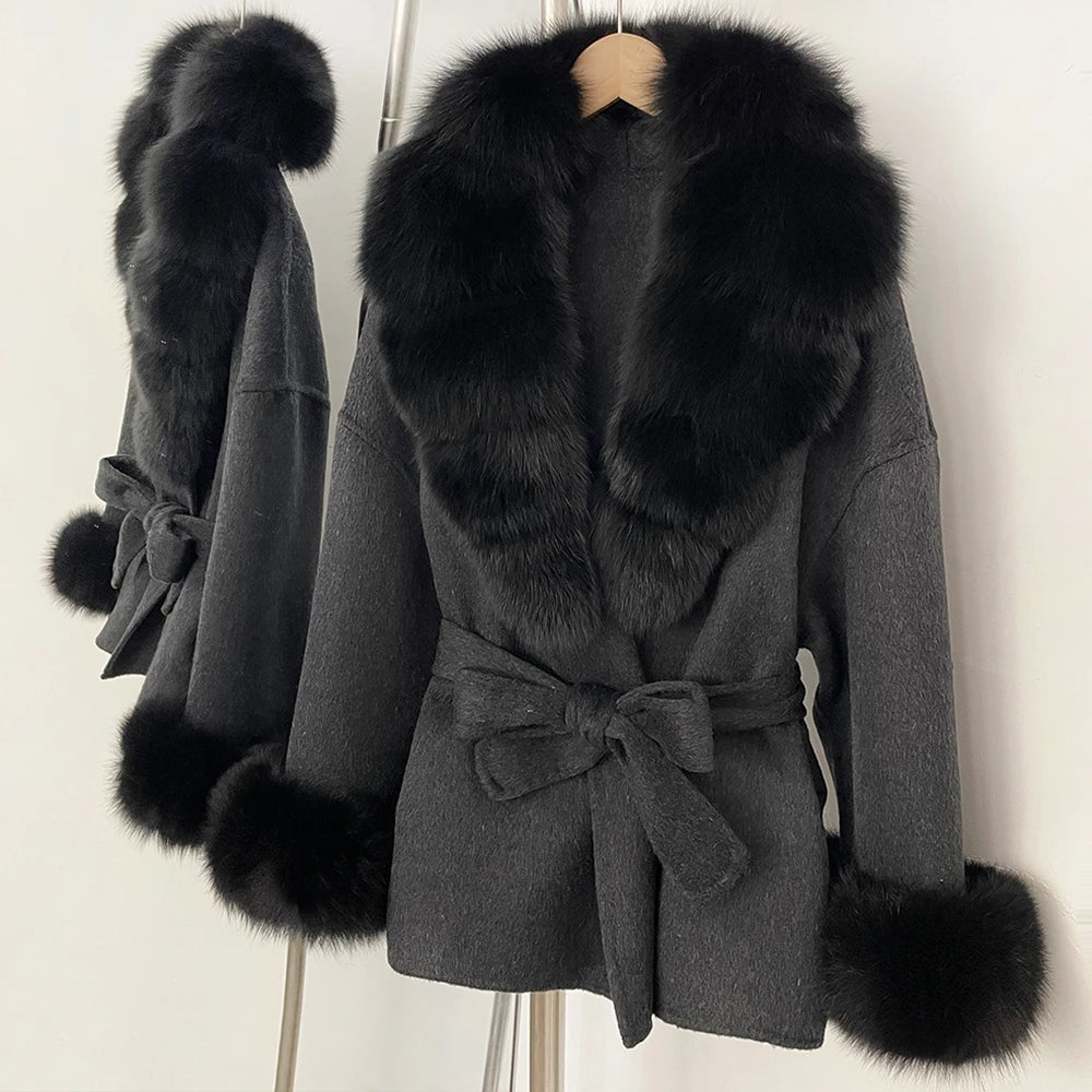 Women Short Fur Outerwear Belted Waist Woolen Double Face Coat Tie Premium Sophisticated Business Casual for Fall Cold Season