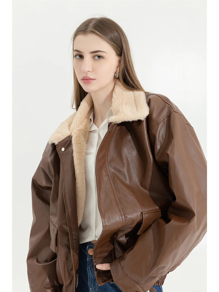 Winter Women's Fur Leather Jacket Long Sleeved Loose Warm Lamb Wool Vintage Thickened Locomotive Lapel Female PU Motorcycle Coat