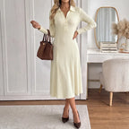 VigoCasey 2026 Casual White Ribbed Knitted Long Dress Women Autumn Polo Collar Midi Dress Lady Elegant Buttons Long Sleeve Dress