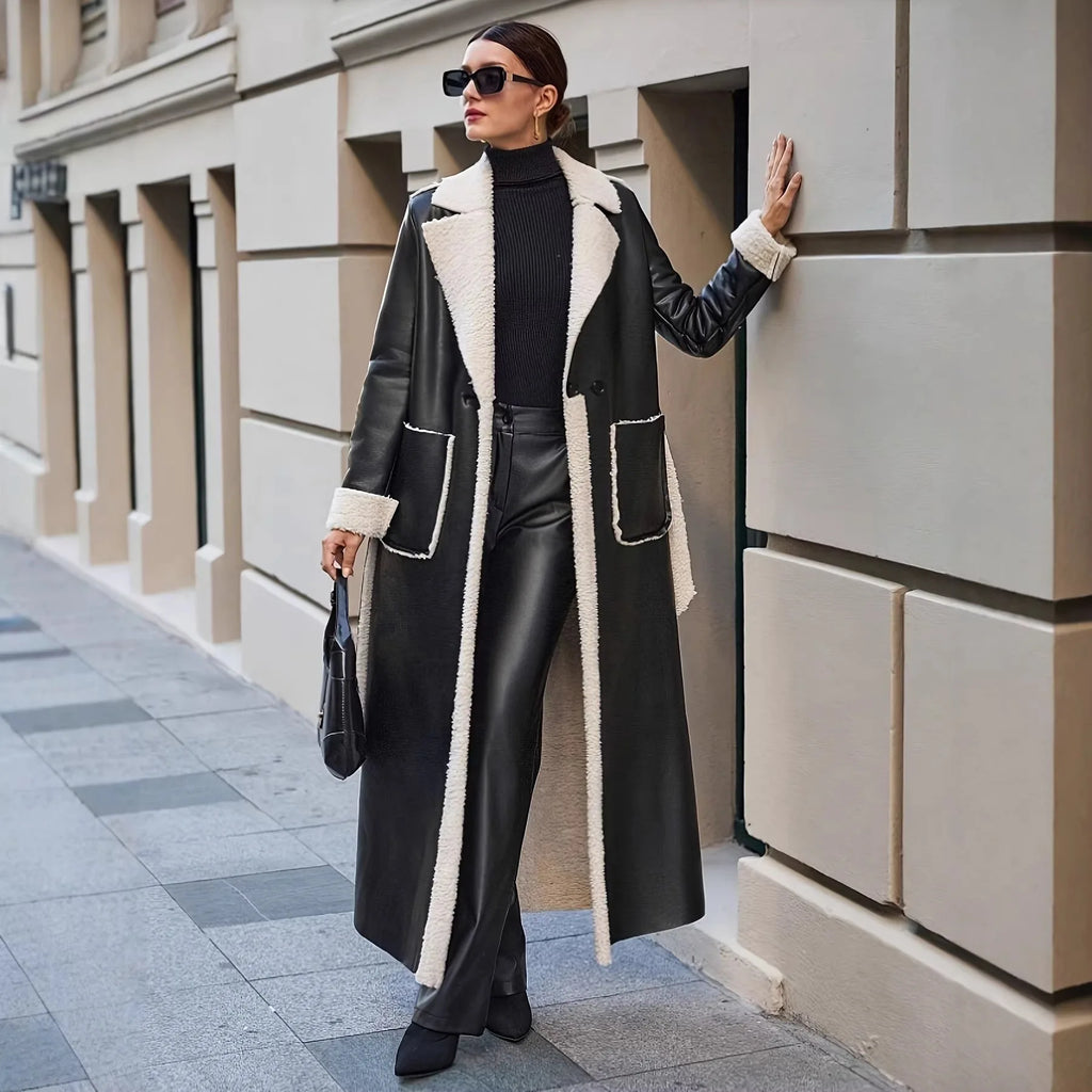 Autumn Winter Women Faux Fur Leather Trench Overcoat Elegant Chic Long Sleeve Jacket Pocket Loose Windbreaker Outwear