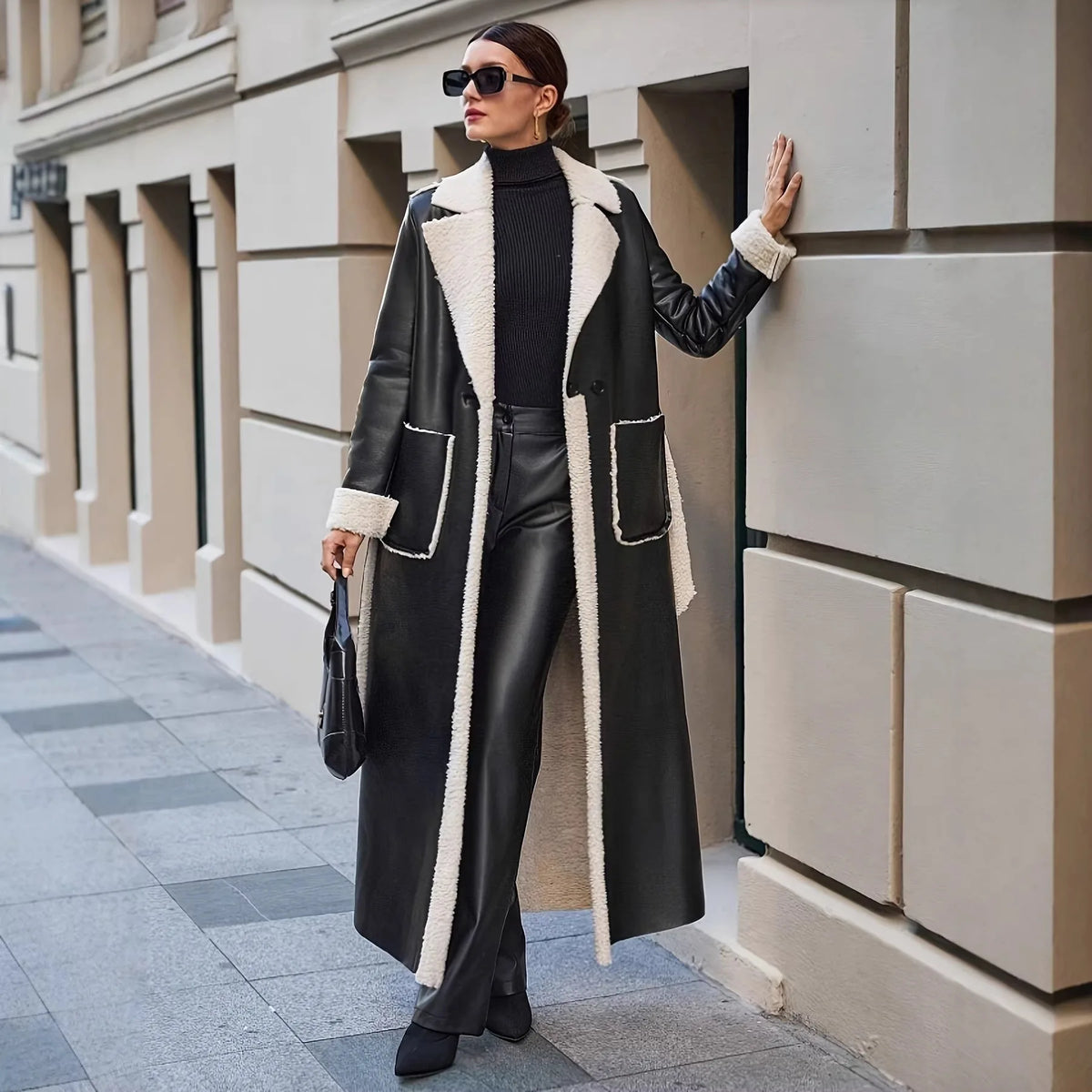 Autumn Winter Women Faux Fur Leather Trench Overcoat Elegant Chic Long Sleeve Jacket Pocket Loose Windbreaker Outwear