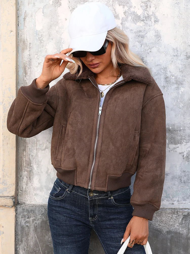 Ailegogo Autumn Winter Women Warm Faux Suede Leather Fur Jacket Streetwear Loose Zipper Coat Outwear