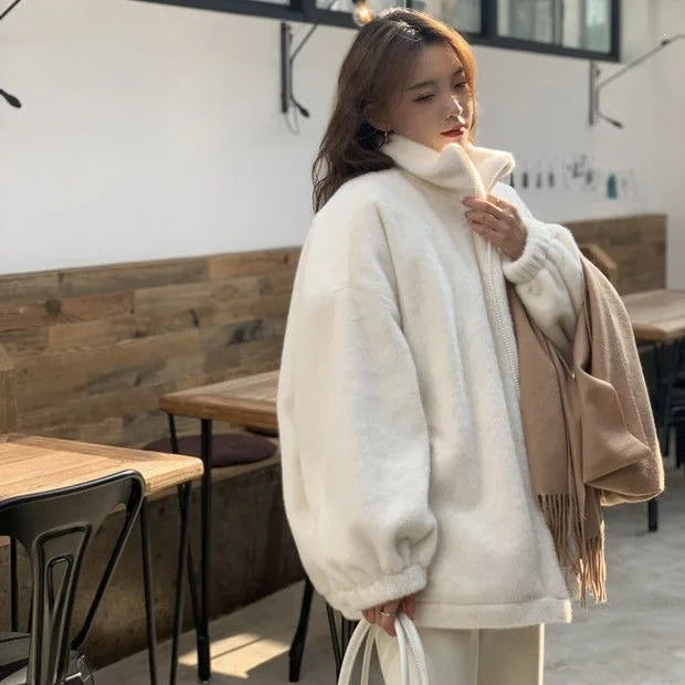 2026 New Loose-Fit Faux Rabbit Fur Collar Padded Winter Jacket – Thick, Plush, Cozy Women's Quilted Coat for Cold Weather