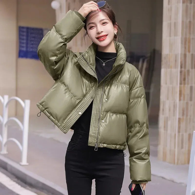CoffeeMaillard Stand Up Collar New Short Petite Fashion Bread Warm Thickened PU Leather Down Cotton Jacket For Women