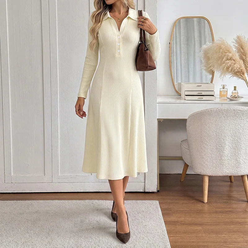 VigoCasey 2026 Casual White Ribbed Knitted Long Dress Women Autumn Polo Collar Midi Dress Lady Elegant Buttons Long Sleeve Dress