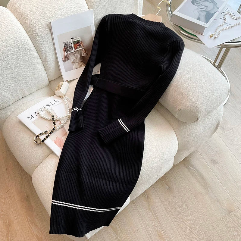 YuooMuoo 2026 Autumn Winter Women Knitted Dress Brand Fashion O-neck Buttons Bodycon Sweater Dress with Belt Lady Office Dress