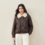 SENTUBILA Women Faux Leather Teddy Fleece Jacket Vintage Winter Contrast Faux Fur Collar Flattering Commuter Outerwear W64PD8070