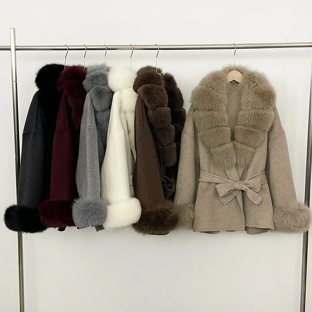 Women Short Fur Outerwear Belted Waist Woolen Double Face Coat Tie Premium Sophisticated Business Casual for Fall Cold Season