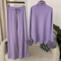2024 New Fashion Autumn Winter Natural Real Fox Fur Cuffs Coat Knitted Sweater Women Long Pants Set Jacket Thick Warm