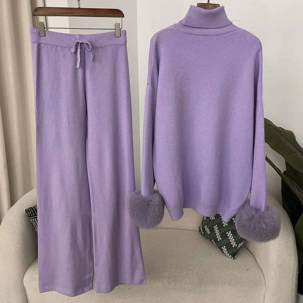 2024 New Fashion Autumn Winter Natural Real Fox Fur Cuffs Coat Knitted Sweater Women Long Pants Set Jacket Thick Warm