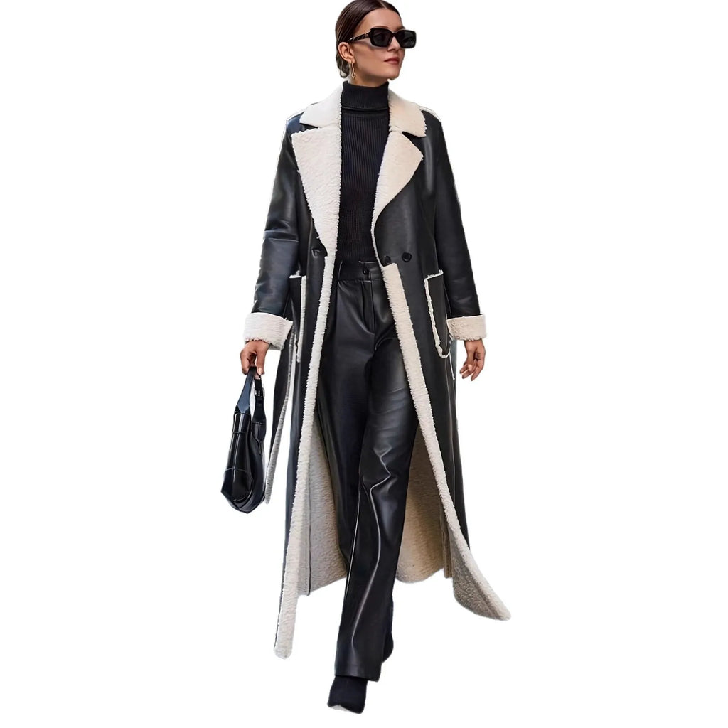 Autumn Winter Women Faux Fur Leather Trench Overcoat Elegant Chic Long Sleeve Jacket Pocket Loose Windbreaker Outwear