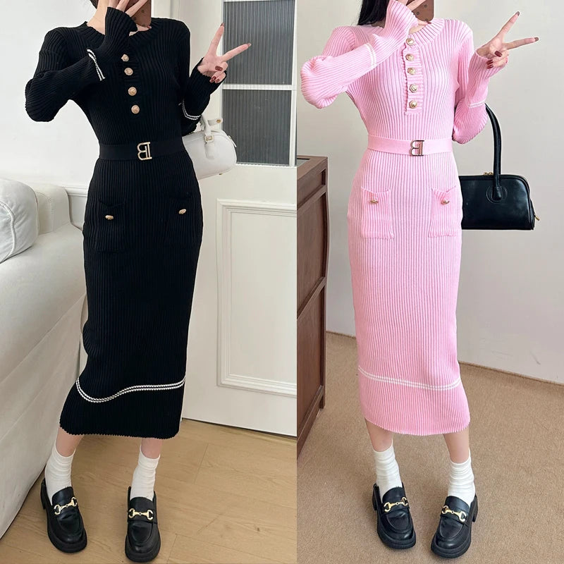 YuooMuoo 2026 Autumn Winter Women Knitted Dress Brand Fashion O-neck Buttons Bodycon Sweater Dress with Belt Lady Office Dress