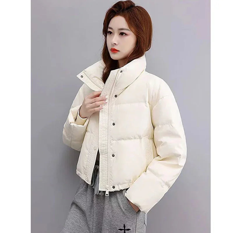 CoffeeMaillard Stand Up Collar New Short Petite Fashion Bread Warm Thickened PU Leather Down Cotton Jacket For Women