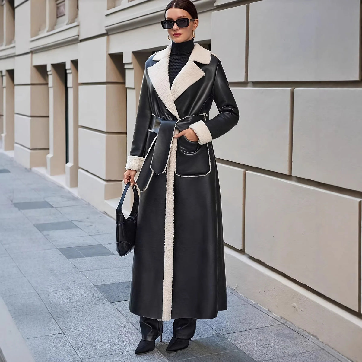 Autumn Winter Women Faux Fur Leather Trench Overcoat Elegant Chic Long Sleeve Jacket Pocket Loose Windbreaker Outwear