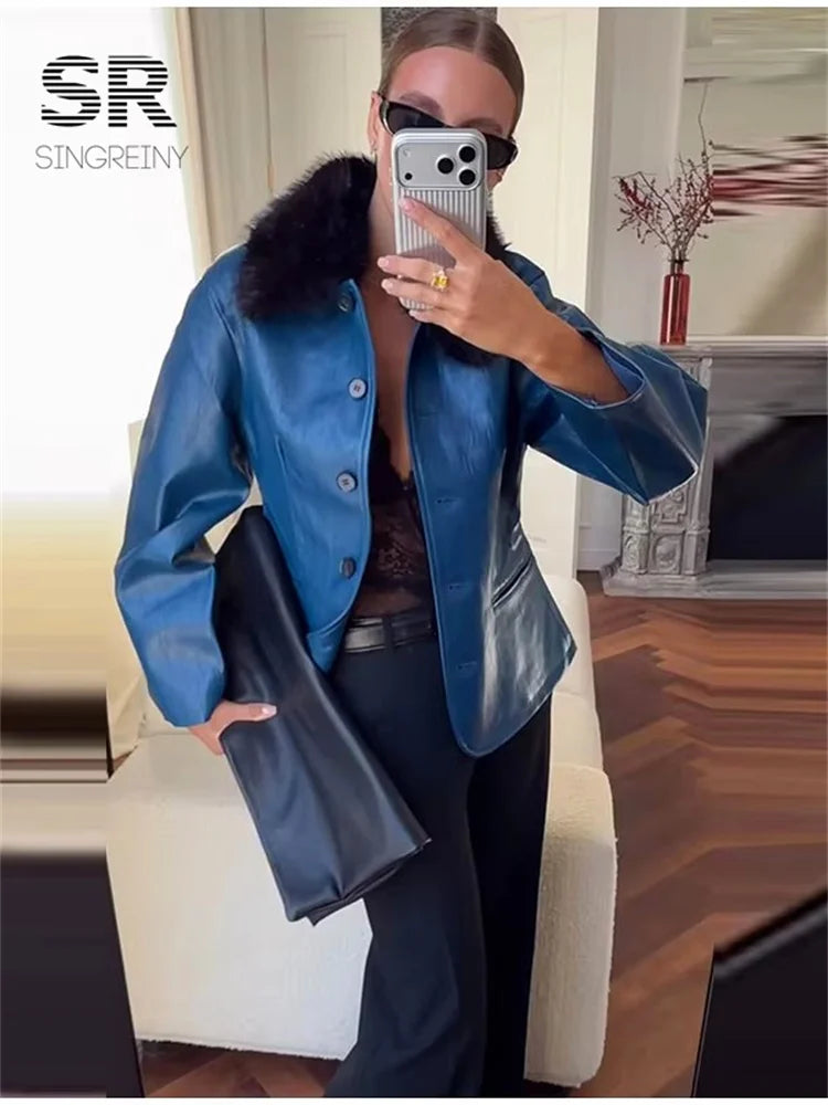 SINGREINY Women's Slim Faux Leather Jackets Fur Collar Single Breasted Full Sleeves Coats Autumn Lady Street Fashion Outerwear